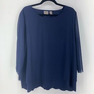 Chicos Womens XL 3 Top Blouse Easy Wear Flowy Scalloped Edges Cottage Core Blue